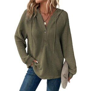 Dokotoo Hoodies for Women Waffle Knit Long Sleeve Drawstring Button V Neck